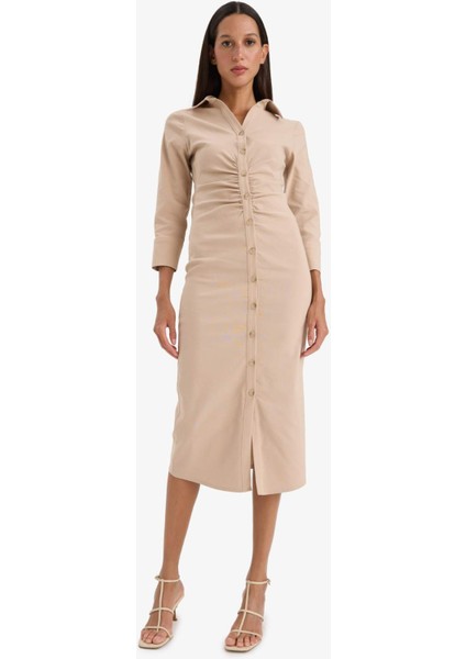 Gömlek Yaka Basic Düz Düğmeli Beli Büzgülü Bengalin Yarım Kollu Elbise