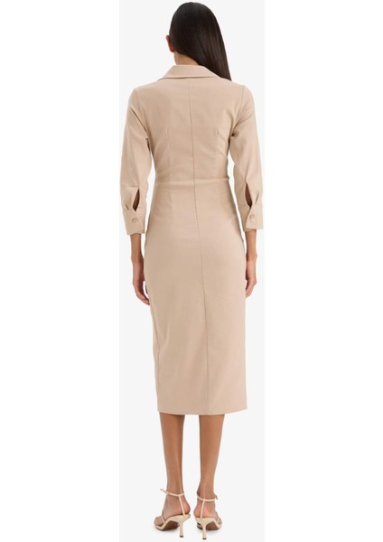 Gömlek Yaka Basic Düz Düğmeli Beli Büzgülü Bengalin Yarım Kollu Elbise