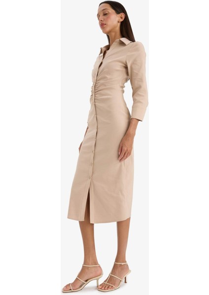 Gömlek Yaka Basic Düz Düğmeli Beli Büzgülü Bengalin Yarım Kollu Elbise D4560AX25SP