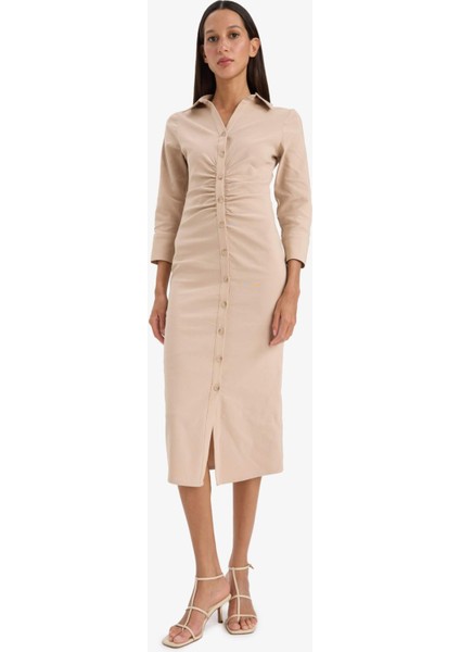 Gömlek Yaka Basic Düz Düğmeli Beli Büzgülü Bengalin Yarım Kollu Elbise D4560AX25SP