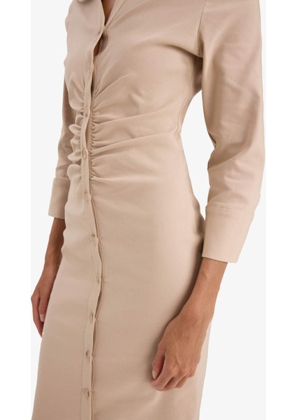 Gömlek Yaka Basic Düz Düğmeli Beli Büzgülü Bengalin Yarım Kollu Elbise D4560AX25SP