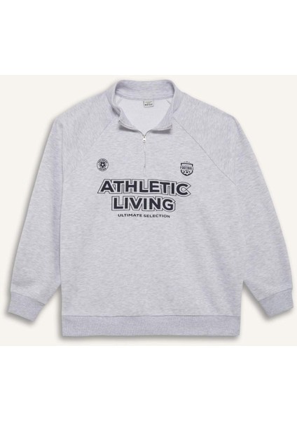 Oversize Geniş Kalıp Dik Yaka Baskılı Sporcu Sweatshirt D7754AX25SP