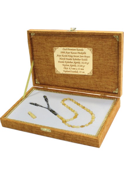 Premium Kutulu Gümüş Kazaz Püsküllü Arpa Kesim King Seccer Beyaz Sarı Hareli Damla Kehribar Tesbih