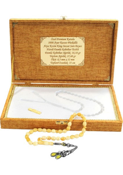 Premium Kutulu Gümüş Kazaz Püsküllü Arpa Kesim King Seccer Beyaz Sarı Hareli Damla Kehribar Tesbih fiyatları