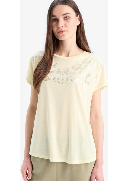 Bisiklet Yaka Baskılı Kısa Kollu Tişört E9052AX25SM