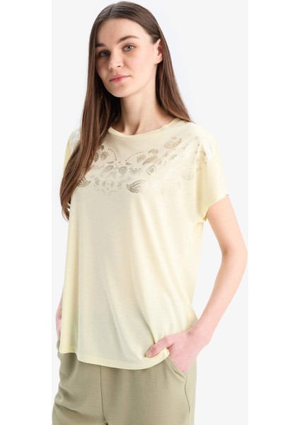 Bisiklet Yaka Baskılı Kısa Kollu Tişört E9052AX25SM