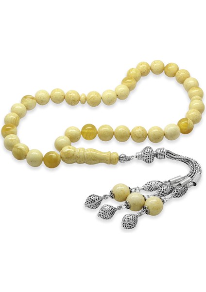 Premium Kutulu 925 Ayar Gümüş Püskül Küre Kesim King Seccer Beyaz Sarı Hareli Damla Kehribar Tesbih