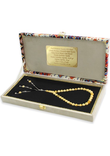 Premium Kutulu 925 Ayar Gümüş Püskül Küre Kesim King Seccer Beyaz Sarı Hareli Damla Kehribar Tesbih fiyatları