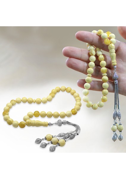 Premium Kutulu 925 Ayar Gümüş Püskül Küre Kesim King Seccer Beyaz Sarı Hareli Damla Kehribar Tesbih modelleri