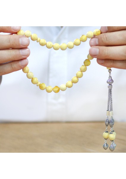 Premium Kutulu 925 Ayar Gümüş Püskül Küre Kesim King Seccer Beyaz Sarı Hareli Damla Kehribar Tesbih fırsatları