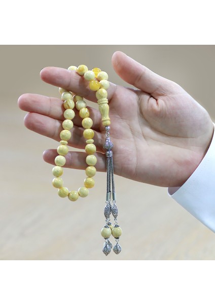 Premium Kutulu 925 Ayar Gümüş Püskül Küre Kesim King Seccer Beyaz Sarı Hareli Damla Kehribar Tesbih indirimleri