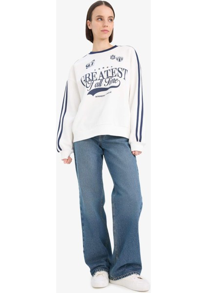 Oversize Geniş Kalıp Bisiklet Yaka Baskılı Kalın Sweatshirt D5957AX25SP