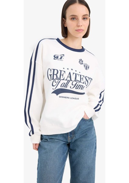 Oversize Geniş Kalıp Bisiklet Yaka Baskılı Kalın Sweatshirt D5957AX25SP