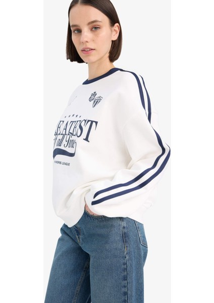 Oversize Geniş Kalıp Bisiklet Yaka Baskılı Kalın Sweatshirt D5957AX25SP