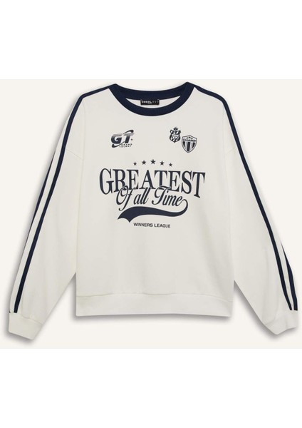 Oversize Geniş Kalıp Bisiklet Yaka Baskılı Kalın Sweatshirt D5957AX25SP