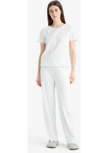 Pijama Takımı Ribana Kısa Kollu Üst Esnek Belli Uzun Alt-Fall in Love E6679AX25SP