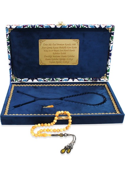 Damla Kehribar Tesbih - 1000 Ayar Gümüş Kazaz Püsküllü - King Seccer - Küre Kesim - Premium Kutulu