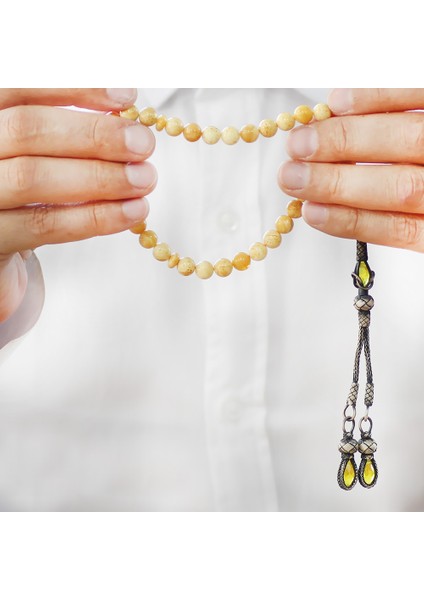 Damla Kehribar Tesbih - 1000 Ayar Gümüş Kazaz Püsküllü - King Seccer - Küre Kesim - Premium Kutulu indirimleri