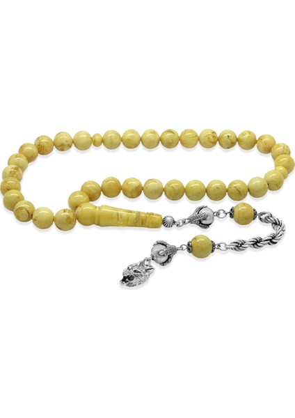 Damla Kehribar Tesbih - 925 Ayar Gümüş Halat Püsküllü - Küre Kesim - King Seccer - Premium Kutulu