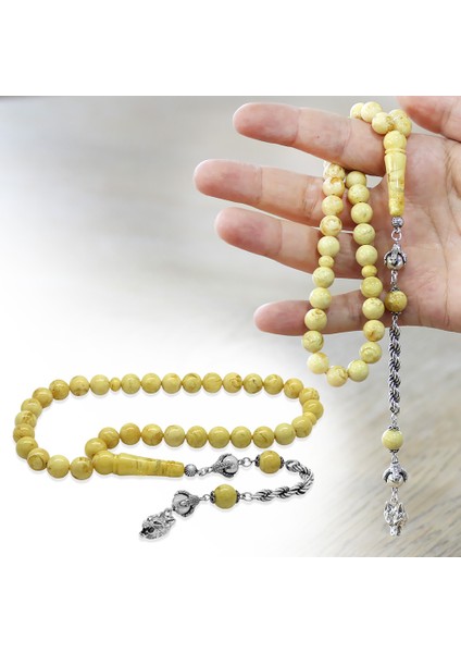 Damla Kehribar Tesbih - 925 Ayar Gümüş Halat Püsküllü - Küre Kesim - King Seccer - Premium Kutulu fırsatları