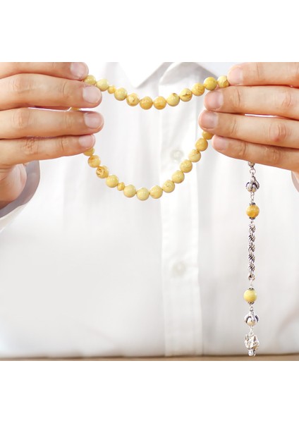 Damla Kehribar Tesbih - 925 Ayar Gümüş Halat Püsküllü - Küre Kesim - King Seccer - Premium Kutulu indirimleri