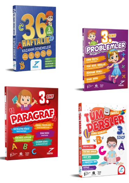 3. Sınıf 36 Haftalık Denemeler+Problemler Sb+Paragraf Sb+Tüm Dersler Emojili Soru Bankası Seti(4 Kitap)
