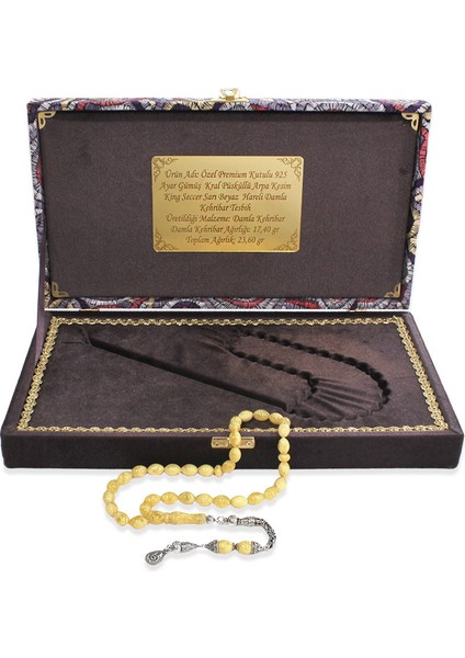 Damla Kehribar Tesbih - 925 Ayar Gümüş Kral Püsküllü - King Seccer - Arpa Kesim - Premium Kutulu