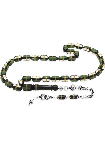 925 Ayar Gümüş Kral Zincir Püsküllü Yeşil Beyaz Mine Dolgulu Pirinç Sarmal Kapsül Kesim Kuka Tesbih