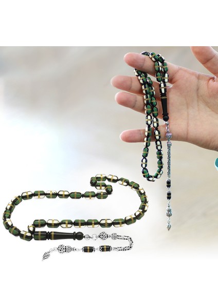 925 Ayar Gümüş Kral Zincir Püsküllü Yeşil Beyaz Mine Dolgulu Pirinç Sarmal Kapsül Kesim Kuka Tesbih fiyatları