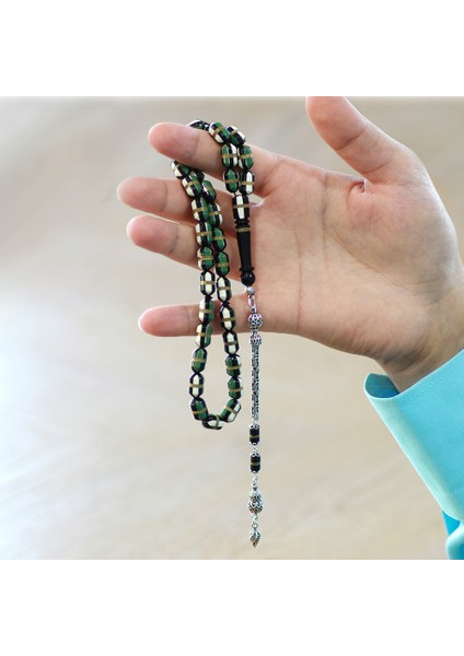 925 Ayar Gümüş Kral Zincir Püsküllü Yeşil Beyaz Mine Dolgulu Pirinç Sarmal Kapsül Kesim Kuka Tesbih modelleri