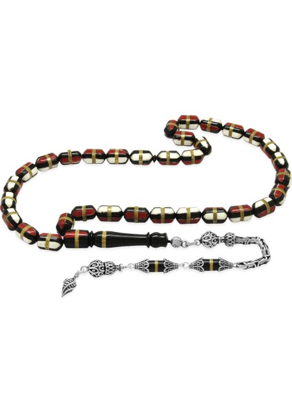 925 Ayar Gümüş Kral Püsküllü Kırmızı Beyaz Mineli Pirinç Sarmal Kapsül Kesim Kuka Tesbih