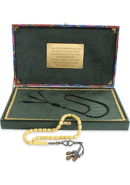 Damla Kehribar Tesbih - 1000 Ayar Gümüş Kazaz Püsküllü - Kapsül Kesim - King Seccer - Premium Kutulu