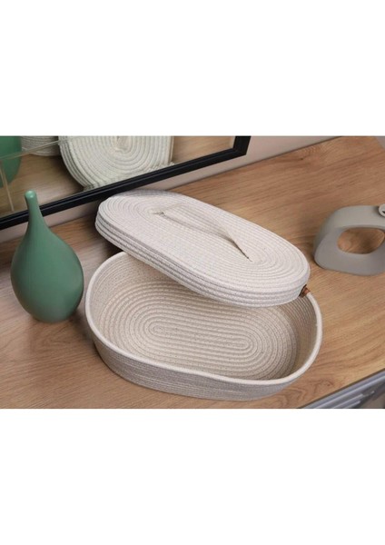 Jüt Hasır Sepet Oval Kapaklı Organizer 30X20X10