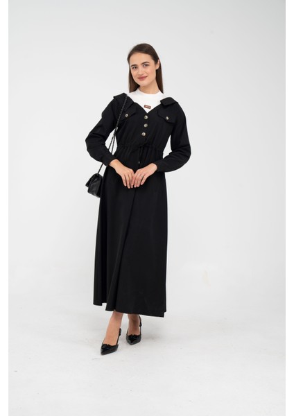 Düğmeli Bel Bağcıklı Trençkot Detaylı Elbise K1746