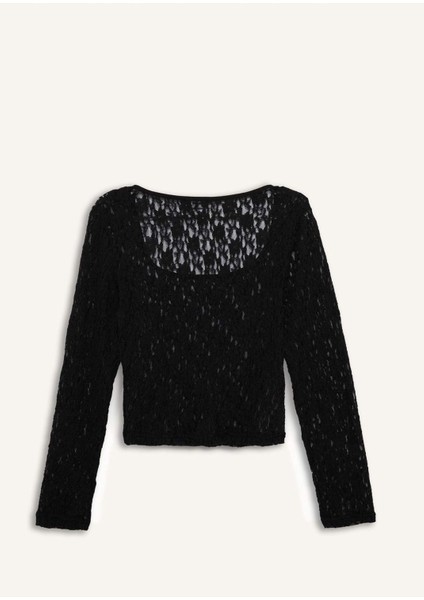 Yuvarlak Yaka Fitted Dantel Uzun Kollu Bluz E7614AX25SP