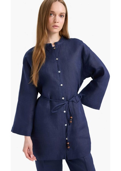 %100 Keten Regular Fit Bağcıklı Uzun Kollu Tesettür Gömlek Tunik D4394AX25SM
