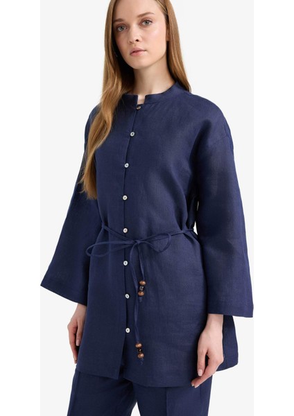 %100 Keten Regular Fit Bağcıklı Uzun Kollu Tesettür Gömlek Tunik D4394AX25SM
