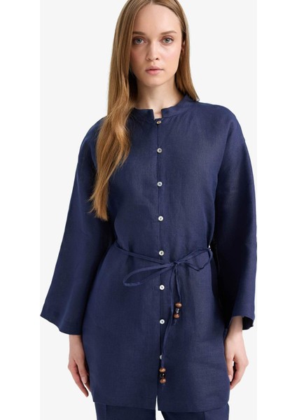 %100 Keten Regular Fit Bağcıklı Uzun Kollu Tesettür Gömlek Tunik D4394AX25SM