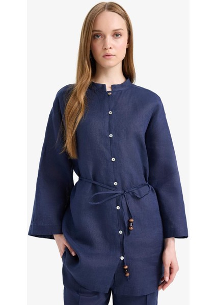 %100 Keten Regular Fit Bağcıklı Uzun Kollu Tesettür Gömlek Tunik D4394AX25SM