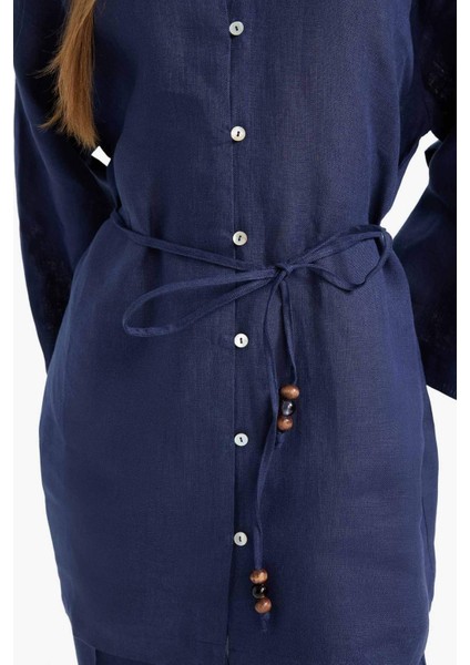%100 Keten Regular Fit Bağcıklı Uzun Kollu Tesettür Gömlek Tunik D4394AX25SM