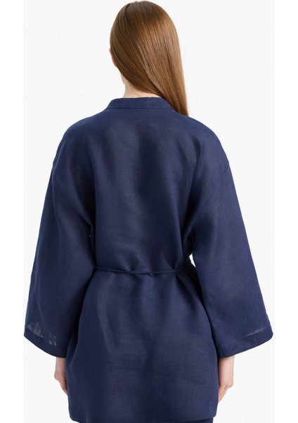 %100 Keten Regular Fit Bağcıklı Uzun Kollu Tesettür Gömlek Tunik D4394AX25SM