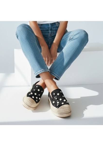 G25Y3203 Inci ve Dantel Detaylı Kadın Siyah Espadril Ayakkabı