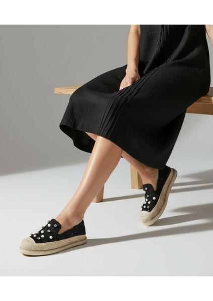 G25Y3203 Inci ve Dantel Detaylı Kadın Siyah Espadril Ayakkabı