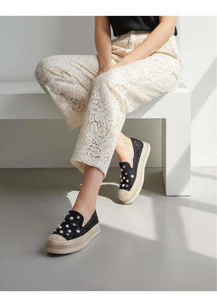 G25Y3203 Inci ve Dantel Detaylı Kadın Siyah Espadril Ayakkabı