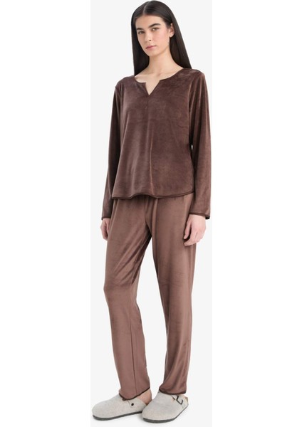 Pijama Takımı Regular Fit Uzun Kollu Velur Üst Uzun Alt-Fall in Love