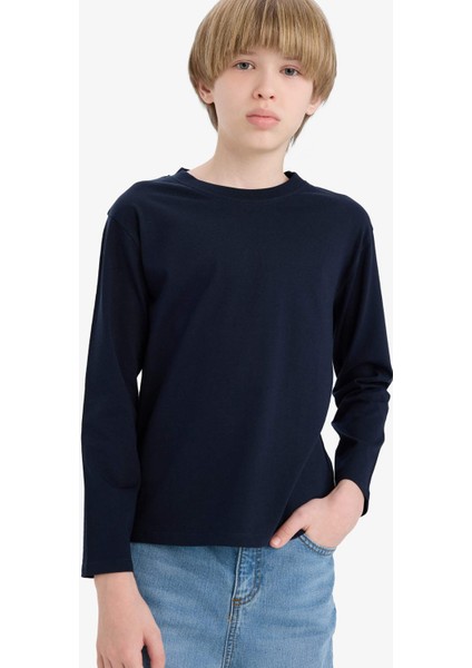Erkek Çocuk Bisiklet Yaka Basic Düz Uzun Kollu Okul Tişörtü