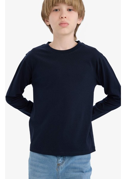Erkek Çocuk Bisiklet Yaka Basic Düz Uzun Kollu Okul Tişörtü