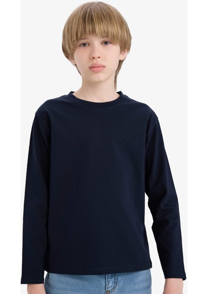 Erkek Çocuk Bisiklet Yaka Basic Düz Uzun Kollu Okul Tişörtü