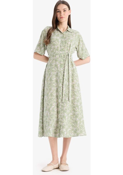 A Kesim Gömlek Yaka Desenli Bağcıklı Kısa Kollu Midi Elbise D4575AX25SP