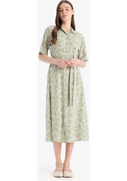 A Kesim Gömlek Yaka Desenli Bağcıklı Kısa Kollu Midi Elbise D4575AX25SP